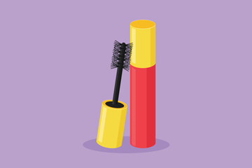 Character flat drawing stylized mascara bottles logotype label icon symbol. Brush and mascara tube. Black wand and golden tube. Fashionable cosmetic makeup for eyes. Cartoon design vector illustration