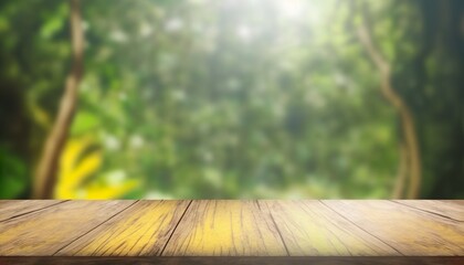 Empty Wooden table focus to the table top, Blurred Nature Forest Bokeh Background, Frontground of old wooden planks Created with Generative AI technology