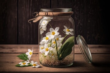Glass Jar with White Flowers on Woden Background. Generative ai.