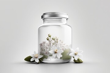 Fototapeta na wymiar Glass Jar with White Flowers on White Background. Generative ai.