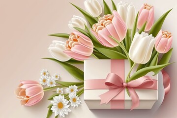 Gift Box with Tulips on Pink Background. Generative ai.