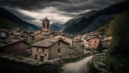 Fototapeta na wymiar A rustic village in the heart of the Pyrenees shot with a Canon EOS 90D 24mm lens f/10 rugged Generative AI