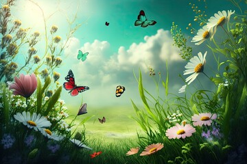 Beautiful Spring Illustration with Daisies Butterflies and Blurred Background. Generative ai.