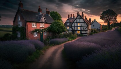 A quaint village at dusk surrounded by fields of lavender and captured with a Nikon D850 24mm lens f/4 dreamy wide  Generative AI