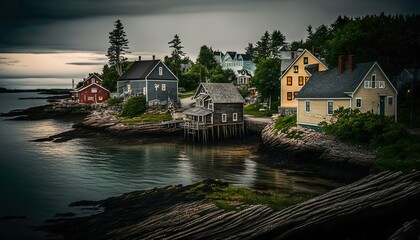 A quaint fishing village on the coast of Maine photographed with a Sony A7R III 24mm lens f/14 coastal  Generative AI