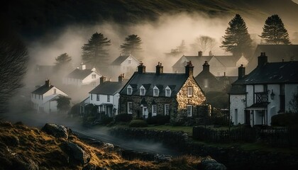 A cozy village in the Scottish Highlands captured with a Nikon Z6 II 50mm lens f/8 misty  Generative AI