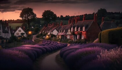 A quaint village at dusk surrounded by fields of lavender and captured with a Nikon D850 24mm lens f/4 dreamy wide  Generative AI