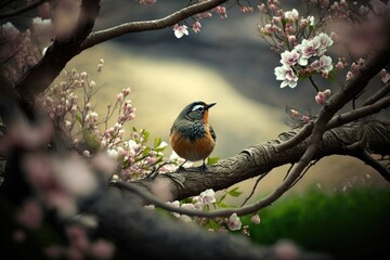 Beautiful Spring Illustration with Bird Sitting on Cherry Blossom Branch with Blurred Background. Generative AI.