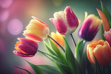 Closeup of Beautiful Tulip Flowers on Blurred Background. Generative AI.