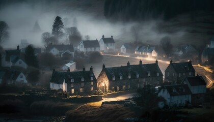Naklejka premium A cozy village in the Scottish Highlands captured with a Nikon Z6 II 50mm lens f/8 misty Generative AI