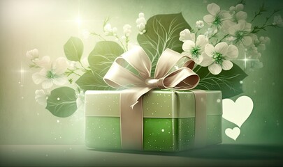 Gift Box With Flowers on Green Background with Copy Space for Text. Generative AI