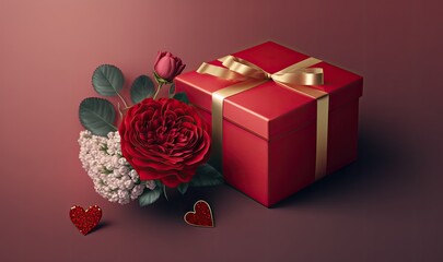 Gift Box With Flowers on Red Background with Copy Space for Text. Generative AI