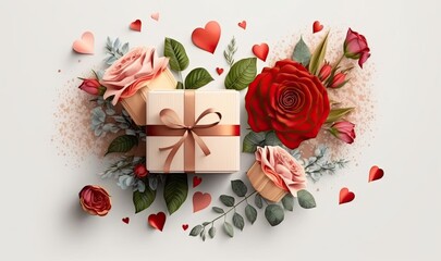 Gift Box With Flowers on White Background with Copy Space for Text. Generative AI