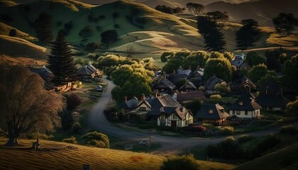 A picturesque village nestled among rolling hills captured with a Canon EOS 5D Mark IV 50mm lens f/8 vibrant standard lens  Generative AI