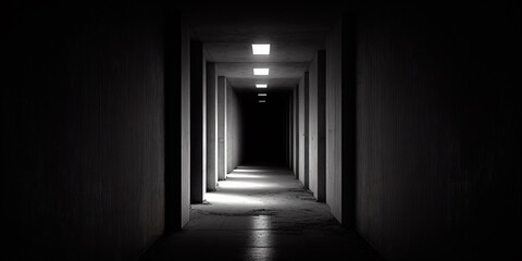 Dark and dim concrete corridor of an abandoned, or unfinished building. generative AI.
