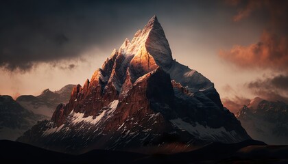 Fototapeta premium A stunning view of a mountain peak at sunrise captured with a high Generative AI