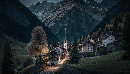 A serene village in the Austrian Alps captured with a Canon EOS R6 50mm lens f/8 alpine  Generative AI