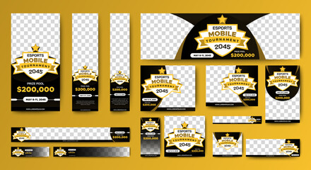 Esports Tournament Banner templates with standard size and place for photos. Online games advertising layout. Vertical, horizontal and square template
