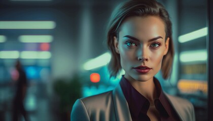 Obraz premium A confident strong woman with a short haircut stands against the background of a dark blue office interior. Generative AI.