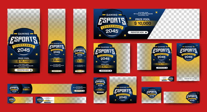 Esports Tournament Banner templates with standard size and place for photos. Online games advertising layout. Vertical, horizontal and square template
