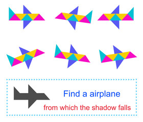 Educational game for kids. Task for attentiveness. Find a airplane from which the shadow falls. Vector illustration