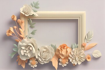 Pastel soft yellow blank picture frame with flower bouquet decoration, 3d generative Ai