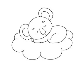 Cute dreaming koala on cloud. Cartoon hand drawn vector outline illustration for coloring book. Line baby animal
