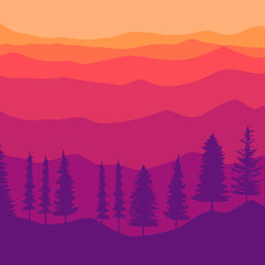 Mountain and trees silhouette in square resolution vector illustration, travel or nature banner design. suitable for background, wallpaper, thumbnail, travel banner, album, art, illustration.