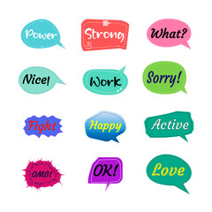 Set of colorful sticker with short message, hand drawn set of doodle bubble speech for chat symbol, dialog word, tag.
