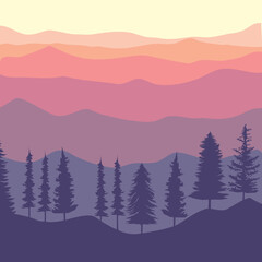 Mountain and trees silhouette in square resolution vector illustration, travel or nature banner design. suitable for background, wallpaper, thumbnail, travel banner, album, art, illustration.