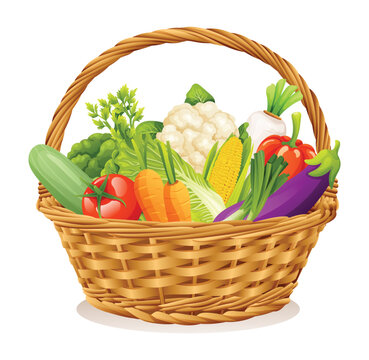 Wicker basket with vegetables isolated on white background. Vector illustration