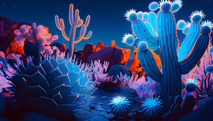 Fototapeta na wymiar a cactus Sunset Desert, blue and whiteSkies in synthwave style