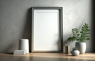 Blank Frame Mockup on Concrete Wall. Generative Ai.