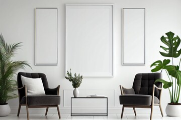 Blank Frame Mockup on Wall Above Armchair. Generative AI