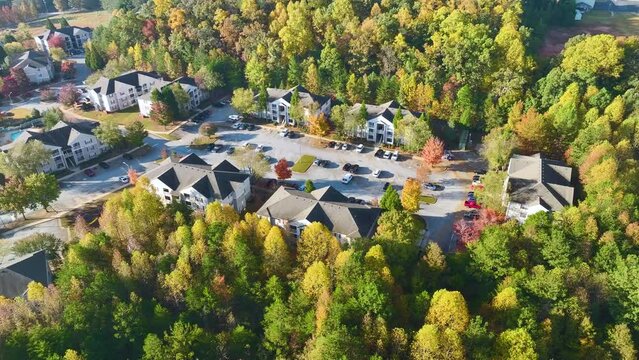 Aerial view of american apartment buildings in South Carolina residential area. New family condos as example of real estate development in USA suburbs