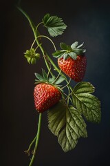 Two Strawberries on Dark Background.