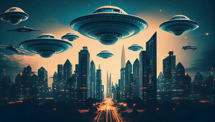 A digital artwork featuring of a UFO armada over downtown. giant alien spaceships over the city. UFO invasion over the city of the planet earth with y2k vintage