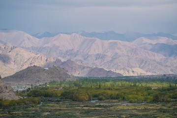 Beautiful landscape with greenery in a village, the background is surrounded by mountains at Leh town, Ladakh, in the Indian Himalayas.