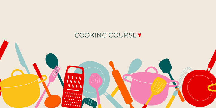 Cooking course. Kitchen tools horizontal banner in doodle style. Background with hand drawn dishes. Vector poster with cutlery. Cooking classes poster.