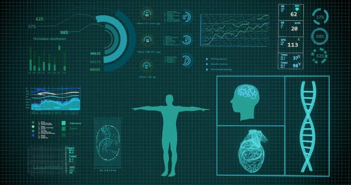 Human anatomy  research and full analysis with data futuristic laboratory  interface and a hologram monitor.Hi-tech healthcare concept