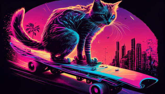 a cat on a skateboard  with synthwave style