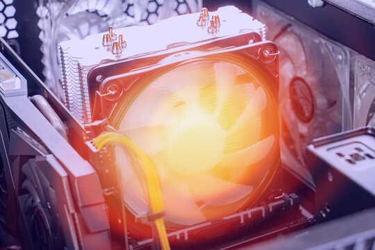 The CPU cooling system on the computer. Cooler with fan.