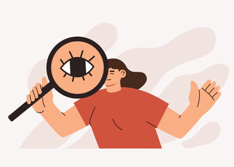 Female character looking through magnifying glass or loupe. Concept of search or research, development, web surfing. Hand drawn vector colorful funny cartoon style illustration. 