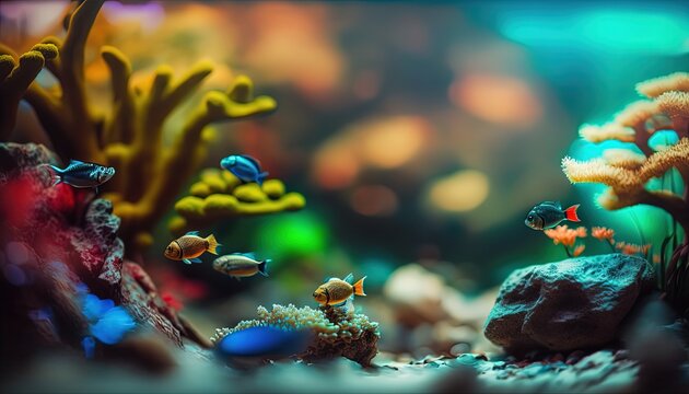 mini small aquarium scene underwater world full of fish swimming among forest , Generative Ai