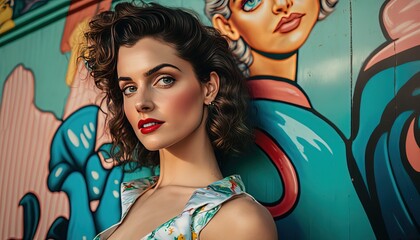 Naklejka premium close up portrait of beautiful 80s girl, vintage fashion genre, Generative Ai not real person