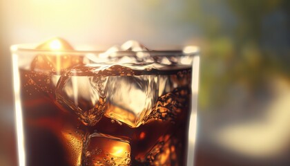 close up a glass of cola with bright sunlight flare and copy space, Generative Ai