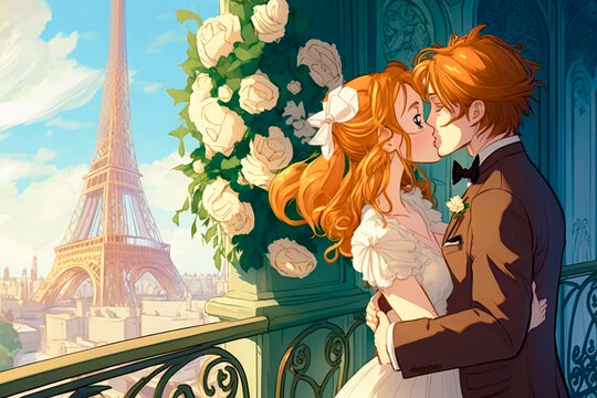 newlyweds kissing on a balcony with the eiffel tower in the background - illustration - Generative AI
