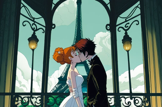 newlyweds kissing on a balcony with the eiffel tower in the background - illustration - Generative AI