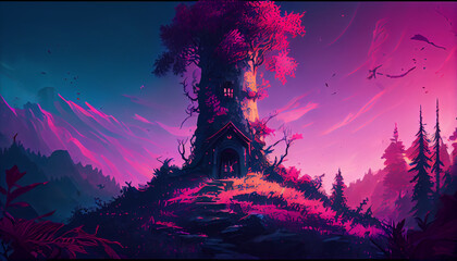 A fantasy fable medieval tower in magical forest digital concept art, Medieval heroic fantasy, vibrant color with synthwave style. - obrazy, fototapety, plakaty
