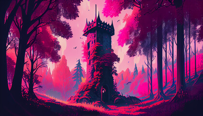 A fantasy fable medieval tower in magical forest digital concept art, Medieval heroic fantasy, vibrant color with synthwave style.
